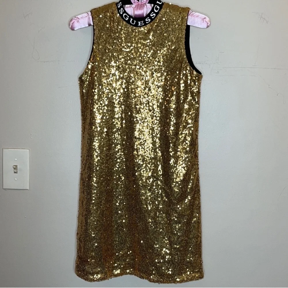 Guess Kids Gold Sequin Sleeveless Formal Shift Dress Size 12 Girls